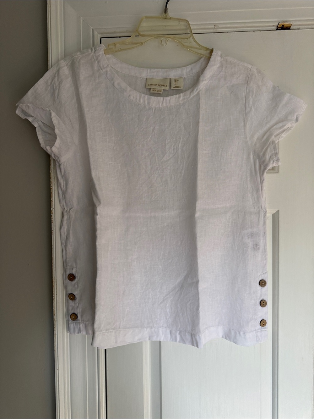 White Linen Short Sleeve Blouse with Side Buttons